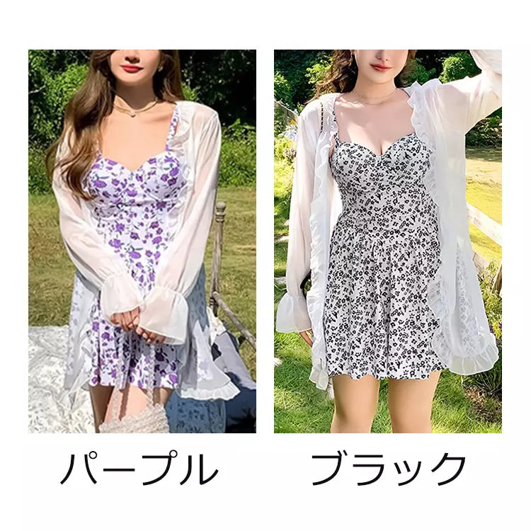 大きいサイズ ぽっちゃり水着カーディガン付き花柄ワンピース・スイムウェアセット(2L/3L/4L/5L/6L)/体型カバー