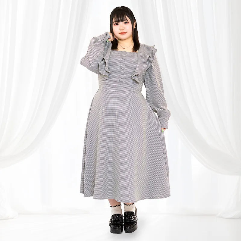 フリル千鳥格子長袖ロングワンピース(3L/4L/5L/6L フリル千鳥格子長袖ロングワンピース(3L/4L/5L/6L