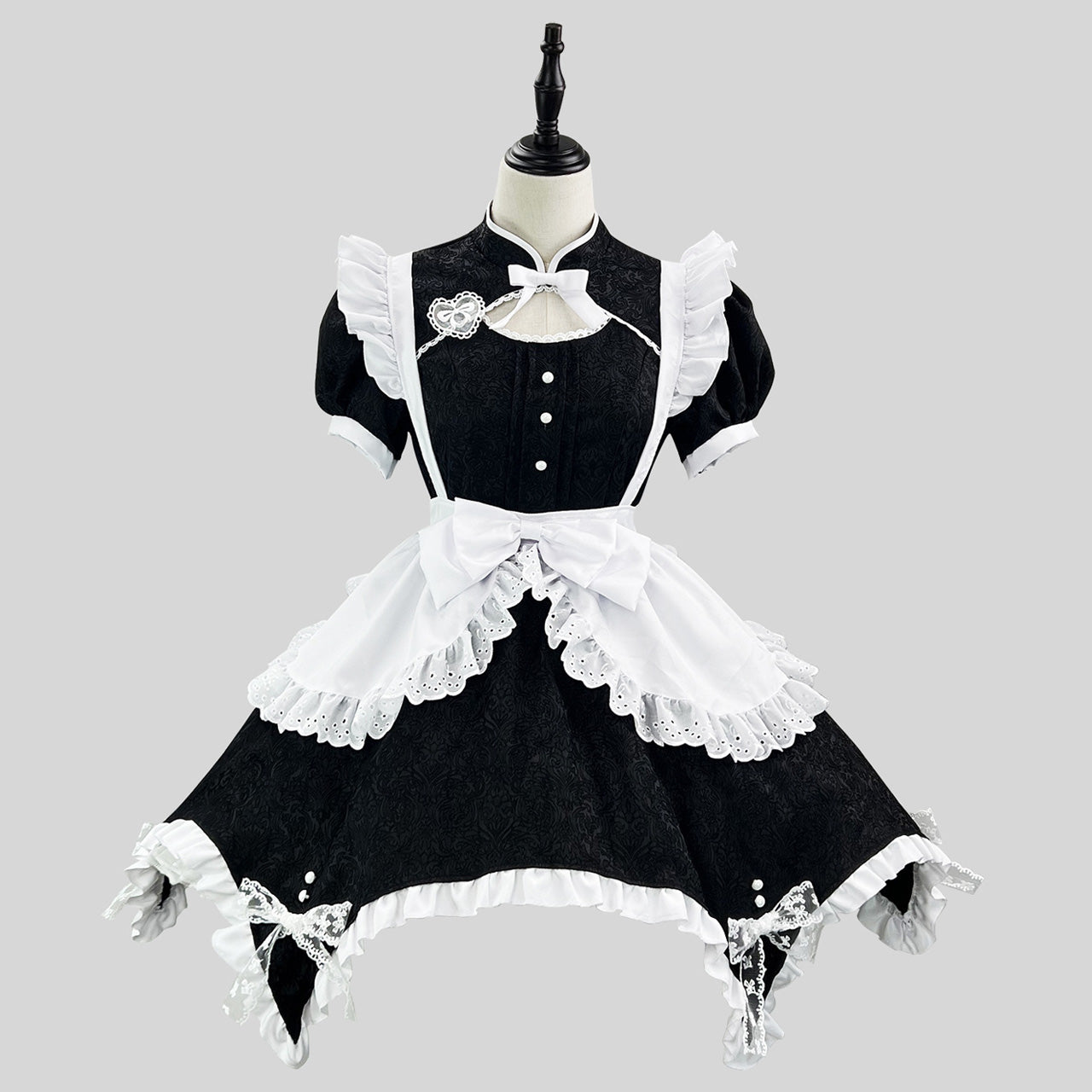大きいサイズレディース白と黒のジャガードチャイナメイドワンピース (M/L/2L/3L/4L/5L/6L)/コスプレ
