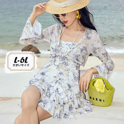 ぽっちゃりさん専用 花柄シフォン×フレアワンピース水着&カバーアップセット・スイムウェア(L/2L/3L/4L/5L/6L)