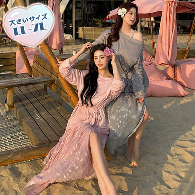 ぽっちゃりさん専用 くすみピンクの体型カバー4点セット水着・スイムウェア(3L/4L/5L/6L/7L)