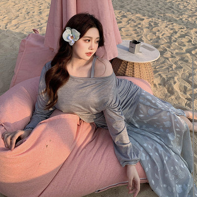 ぽっちゃりさん専用 グレーの体型カバー4点セット水着・スイムウェア(3L/4L/5L/6L/7L)