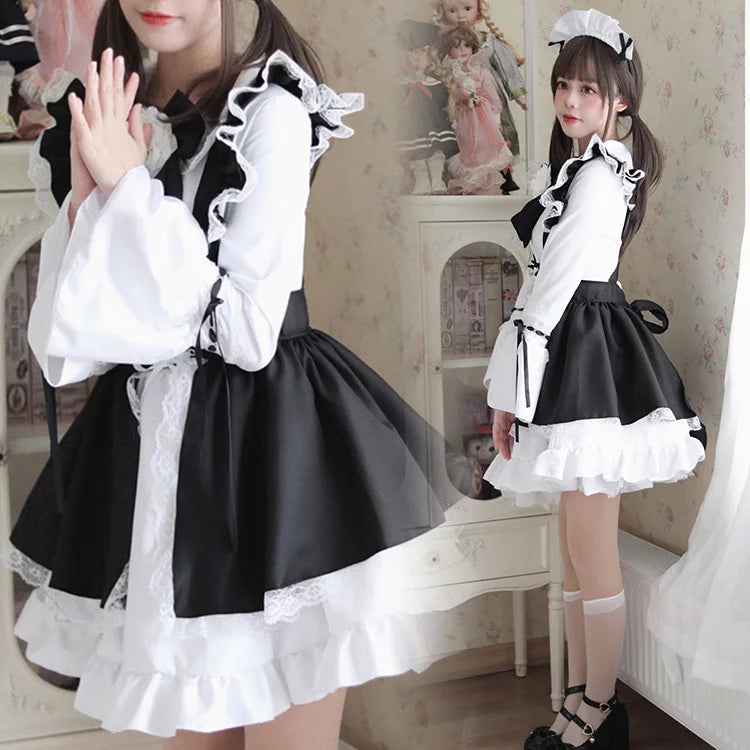 大きいサイズレディースキュートメイド服ワンピ―ス (M/L/2L/3L/4L/5L)/大きいサイズ/コスプレ/ハロウィン/ゴスロリ