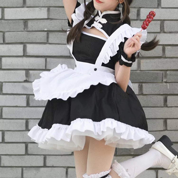 大きいサイズレディースチャイナ風胸開きブラックメイド服ワンピ―ス (M/L/2L/3L/4L/5L/6L)/コスプレ/ハロウィン/クリスマス