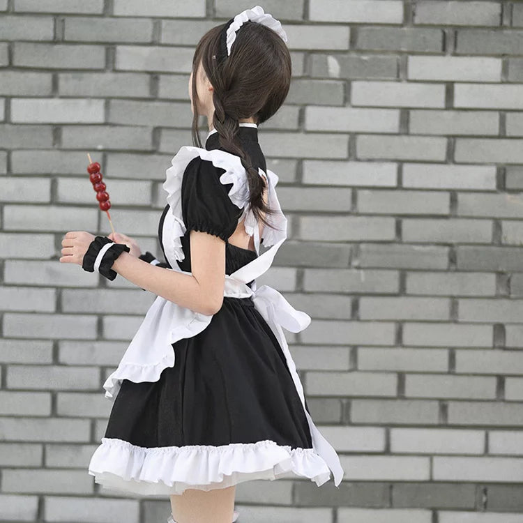 大きいサイズレディースチャイナ風胸開きブラックメイド服ワンピ―ス (M/L/2L/3L/4L/5L/6L)/コスプレ/ハロウィン/クリスマス