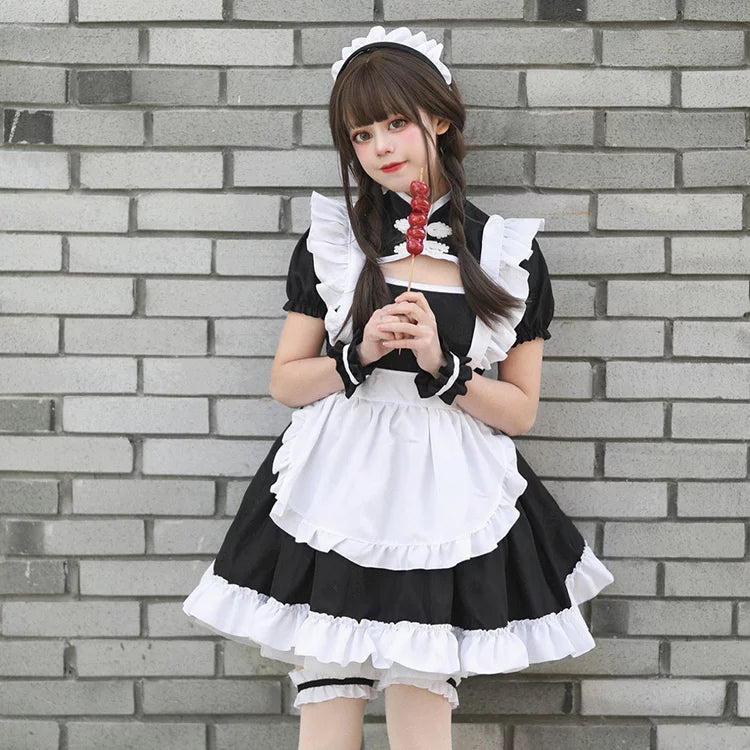 大きいサイズレディースチャイナ風胸開きブラックメイド服ワンピ―ス (M/L/2L/3L/4L/5L/6L)/コスプレ/ハロウィン/クリスマス