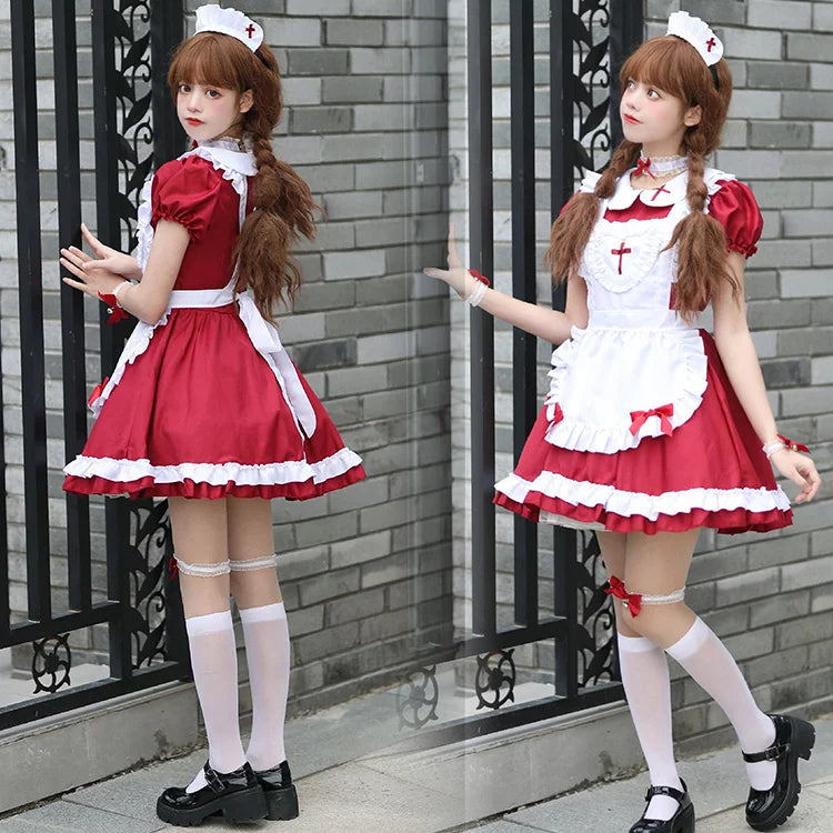 コットンキャンディメイド服ワンピ―ス (M/L/2L/3L/4L/5L/6L)/コスプレ/ハロウィン/レッド