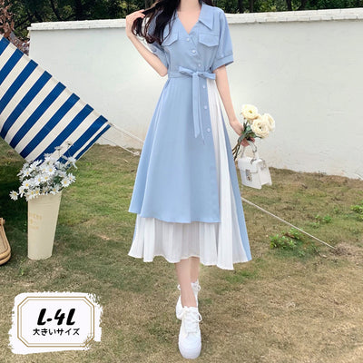 とろみ水色レイヤードシャツワンピース(L/LL/3L/4L)