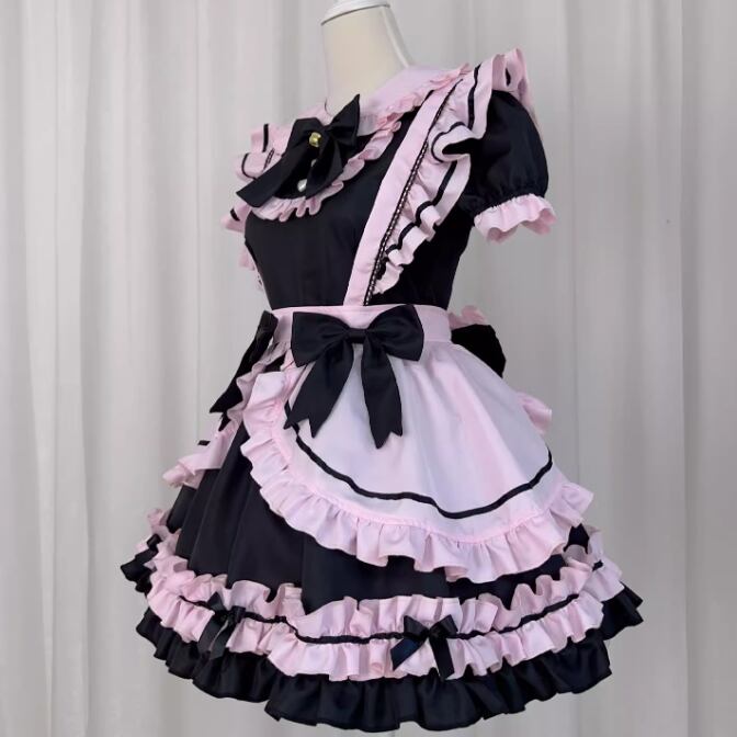 大きいサイズレディースピンク♡ブラックの地雷ちゃんフリルメイド服ワンピ―ス (2L/3L/4L/5L)/コスプレ/ハロウィン