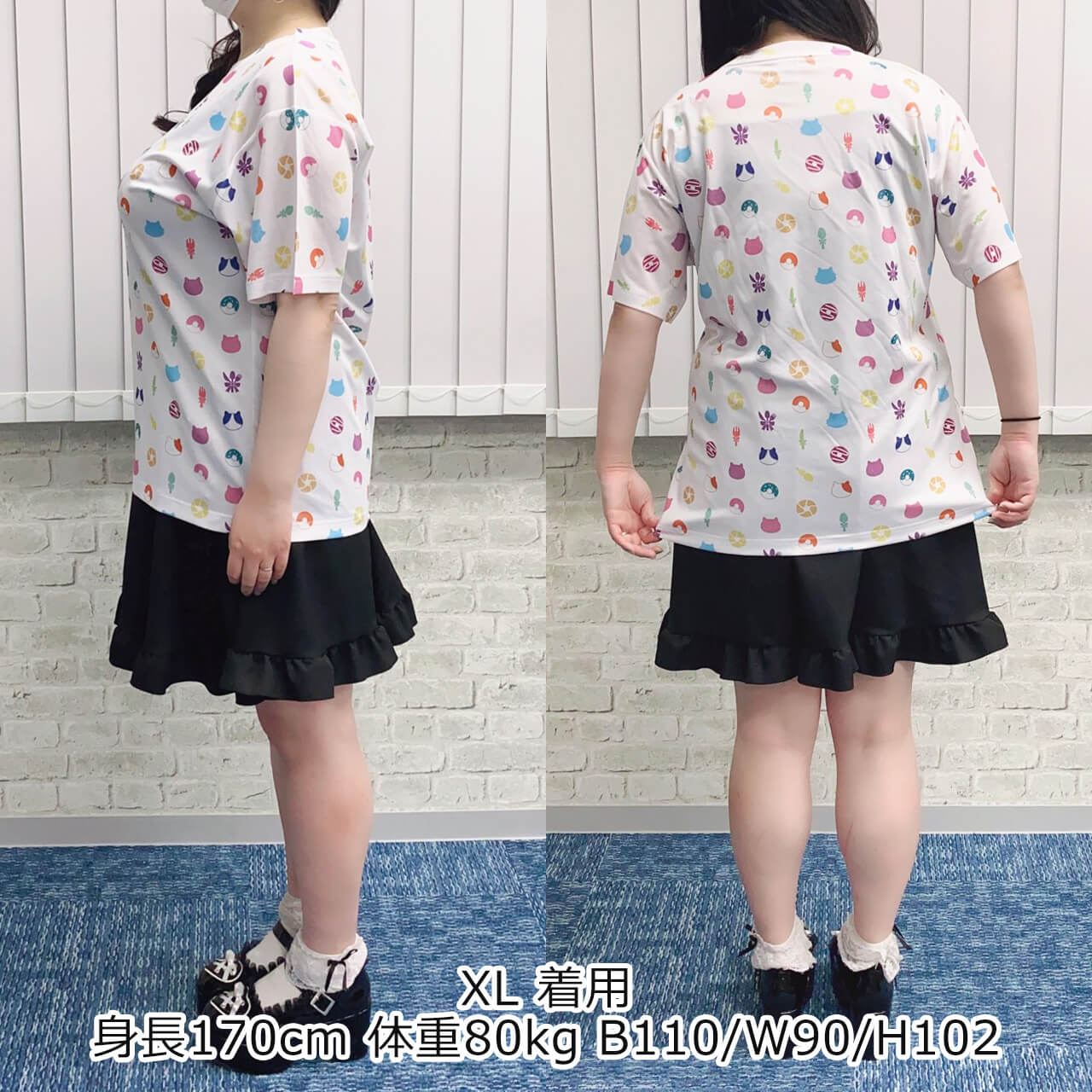 大きいサイズぽっちゃり≪受注生産≫フルグラフィックTシャツ(hungry cats pattern)オリジナルイラスト4L着用