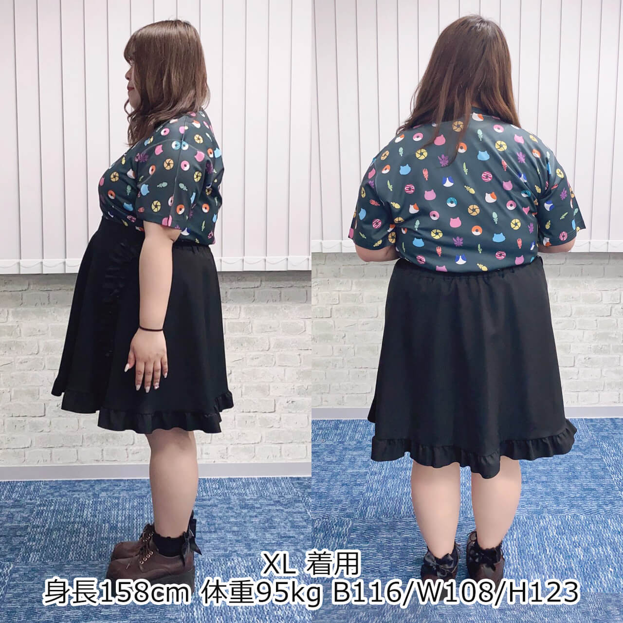 大きいサイズぽっちゃり≪受注生産≫フルグラフィックTシャツ(hungry cats pattern)オリジナルイラスト4L着用