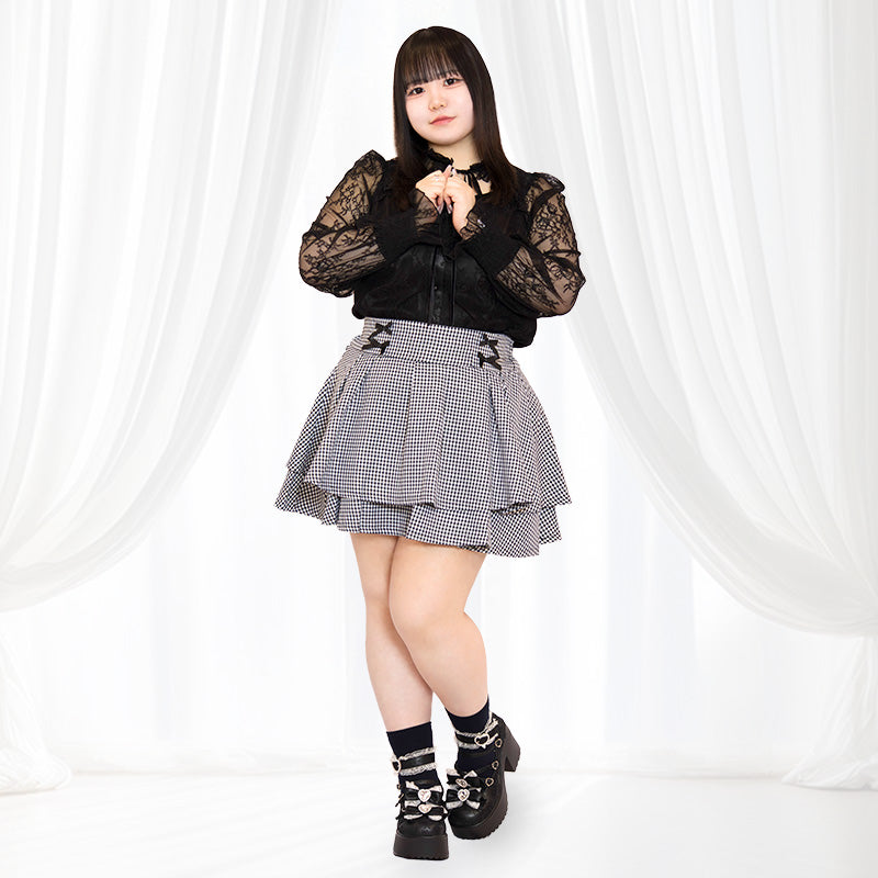 大きいサイズレディースギンガムチェックのうそつきティアードスカート(3L/4L/5L/6L)/Taberunosky(タベルノスキー)