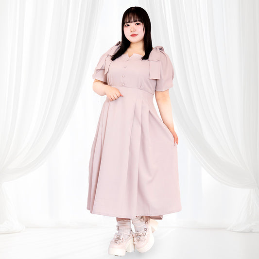 大きいサイズレディースシュガーピンクボンボン・リボンワンピース(3L/4L/5L/6L)/Taberunosky(タベルノスキー)