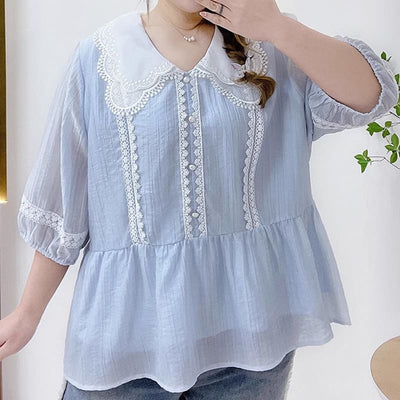 【大きいサイズのトップスランキング】Blanche Lace Collar Blue Blouse (LL/3L/4L/5L)