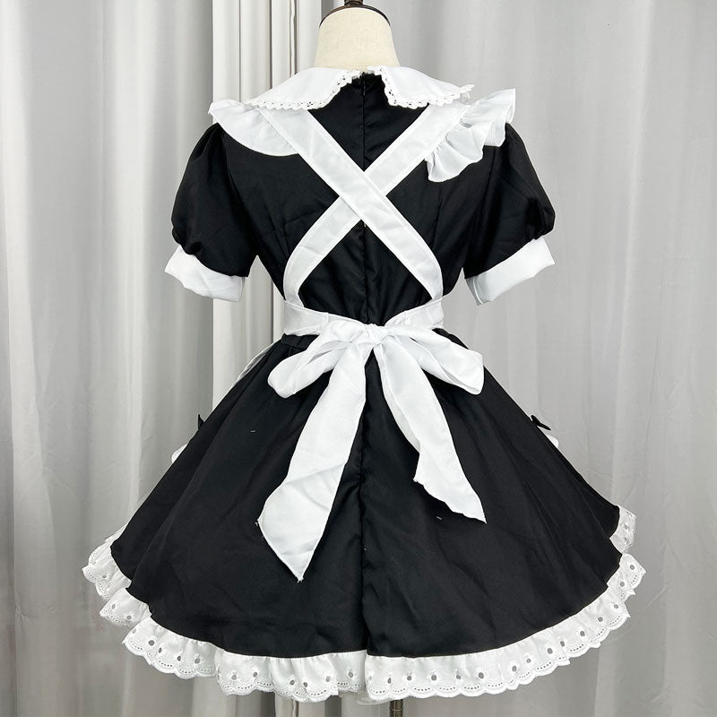 大きいサイズレディースリボンのメイド服ブラックワンピ―ス (M/L/2L/3L/4L/5L/6L)/コスプレ/ハロウィン