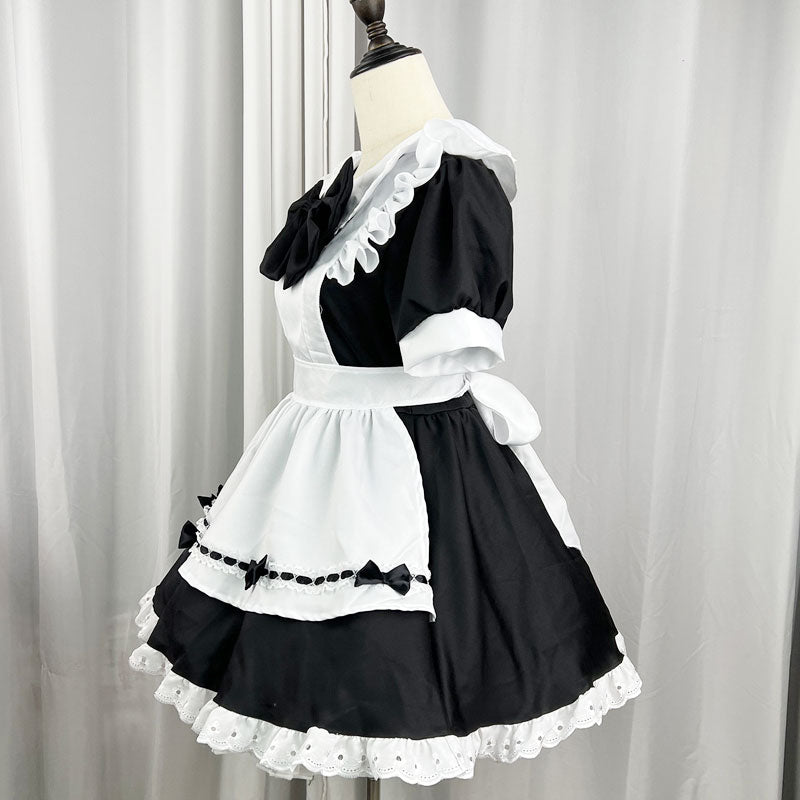大きいサイズレディースリボンのメイド服ブラックワンピ―ス (M/L/2L/3L/4L/5L/6L)/コスプレ/ハロウィン