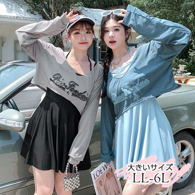 長袖ショートトップス付ワンピース水着スイムウェア(2L/3L/4L/5L/6L)