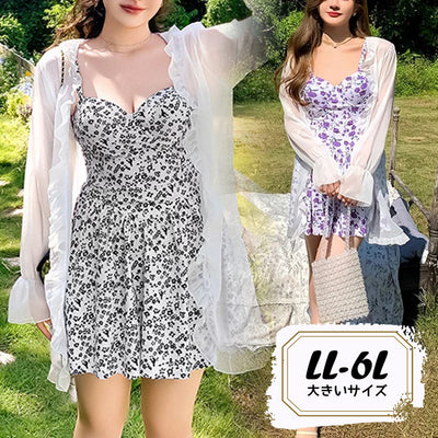 水着カーディガン付き花柄ワンピース・スイムウェアセット(2L/3L/4L/5L/6L)/体型カバー