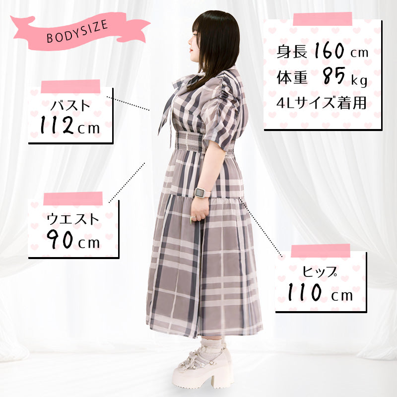 大きいサイズレディースパルファムチェック・ワンピース グレー(3L/4L/5L/6L)/Taberunosky(タベルノスキー)