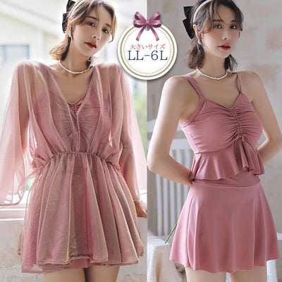 光沢オーガンジータンキニ3点セット水着スイムウェア(2L/3L/4L/5L/6L)