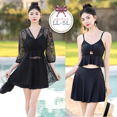 ローズ十字架柄レースカーディガン付きタンキニ3点セット水着スイムウェア(2L/3L/4L/5L/6L)