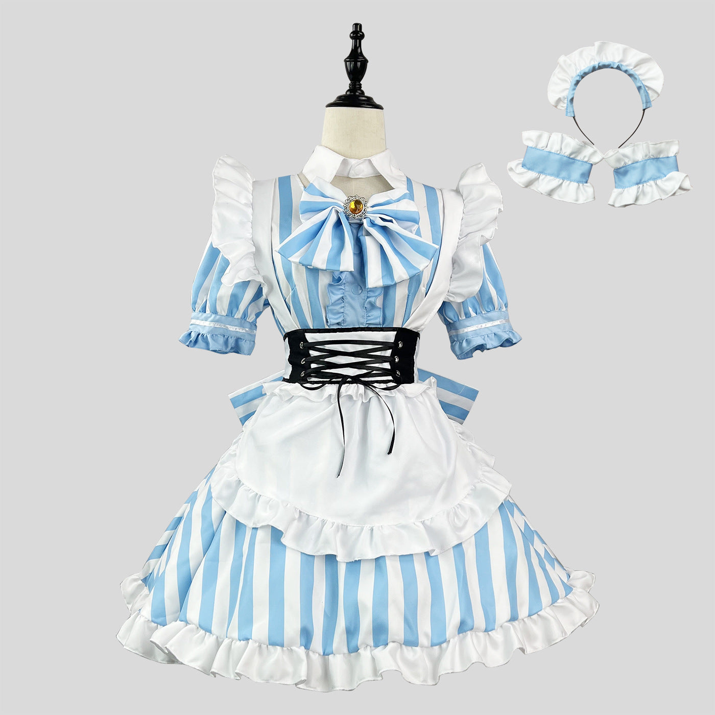 大きいサイズレディースストライプブルーメイド服ワンピース (M/L/2L/3L/4L/5L/6L)/コスプレ/ハロウィン