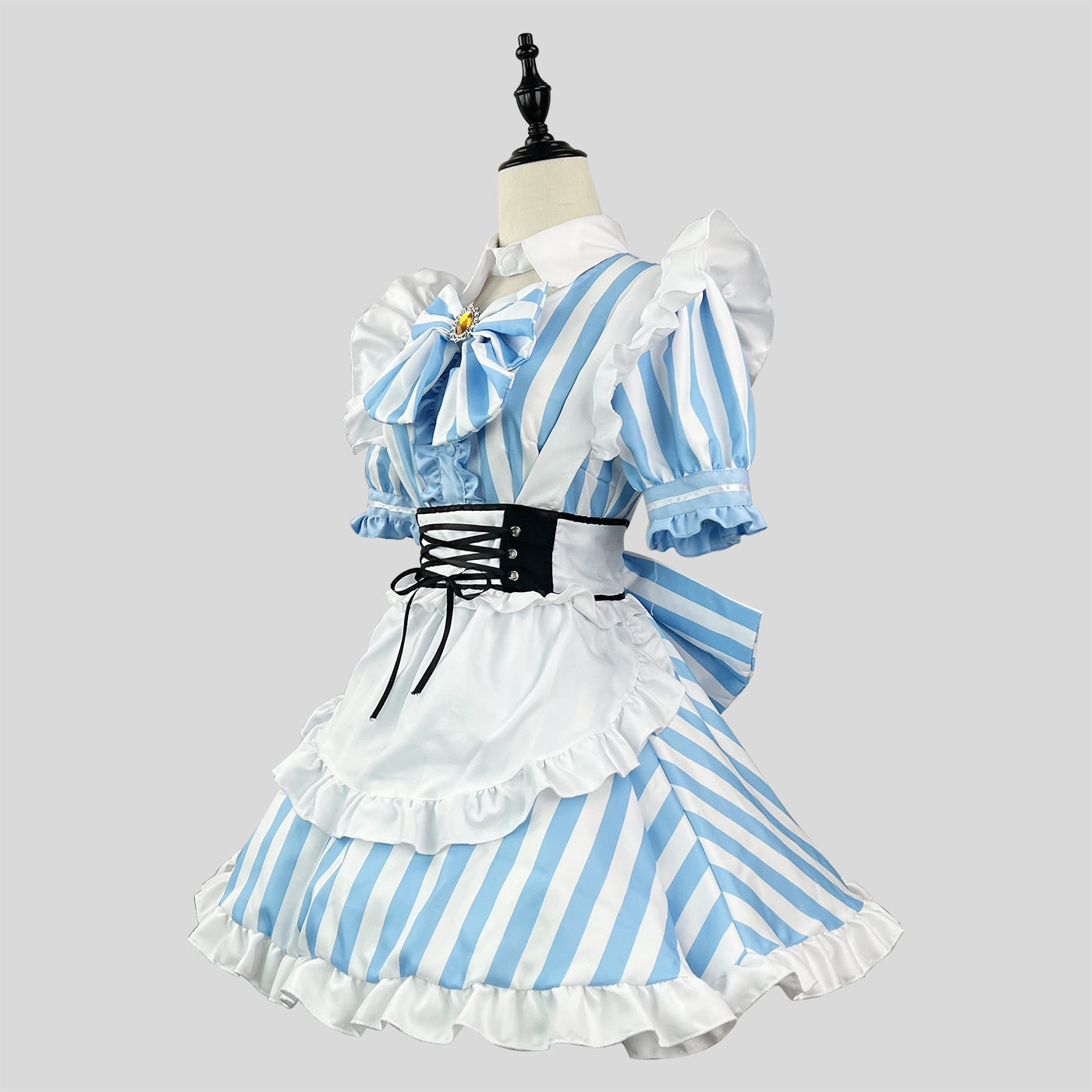 大きいサイズレディースストライプブルーメイド服ワンピース (M/L/2L/3L/4L/5L/6L)/コスプレ/ハロウィン