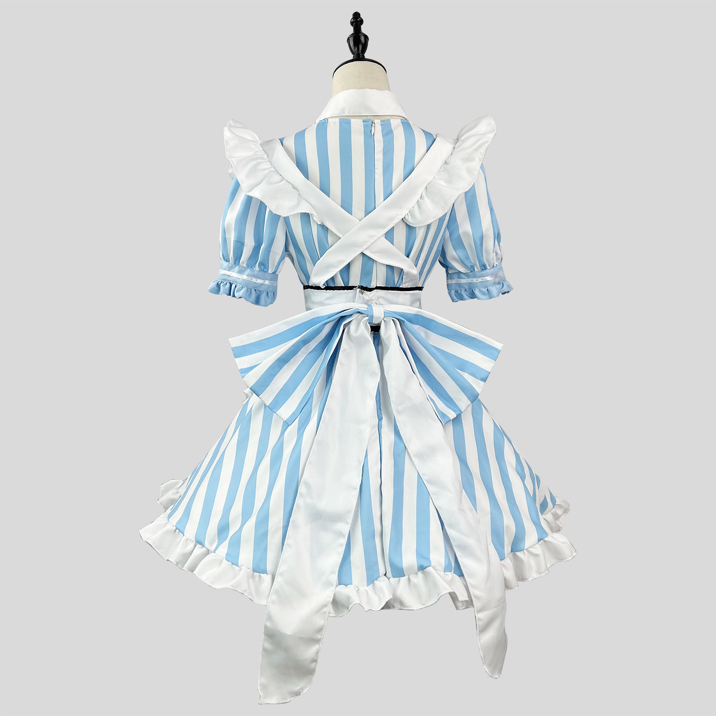 大きいサイズレディースストライプブルーメイド服ワンピース (M/L/2L/3L/4L/5L/6L)/コスプレ/ハロウィン