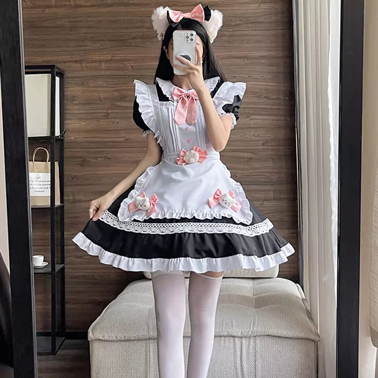 新品未使用 メイド服 コスプレ レディース 大きいサイズ 6l ピンク ミニ丈 リボンのメイド服ピンクワンピ―ス (M/L/2L/3L/4L/5L/6L