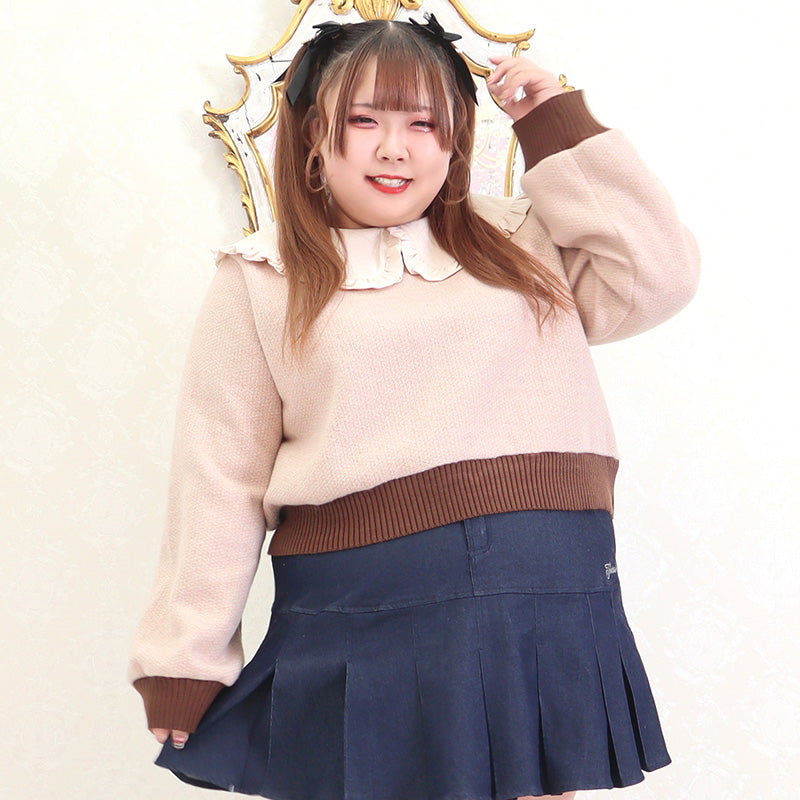 大きいサイズレディースもこもこフリル衿リブニットトップス(3L-4L-5L相当)/Taberunosky(タベルノスキー)