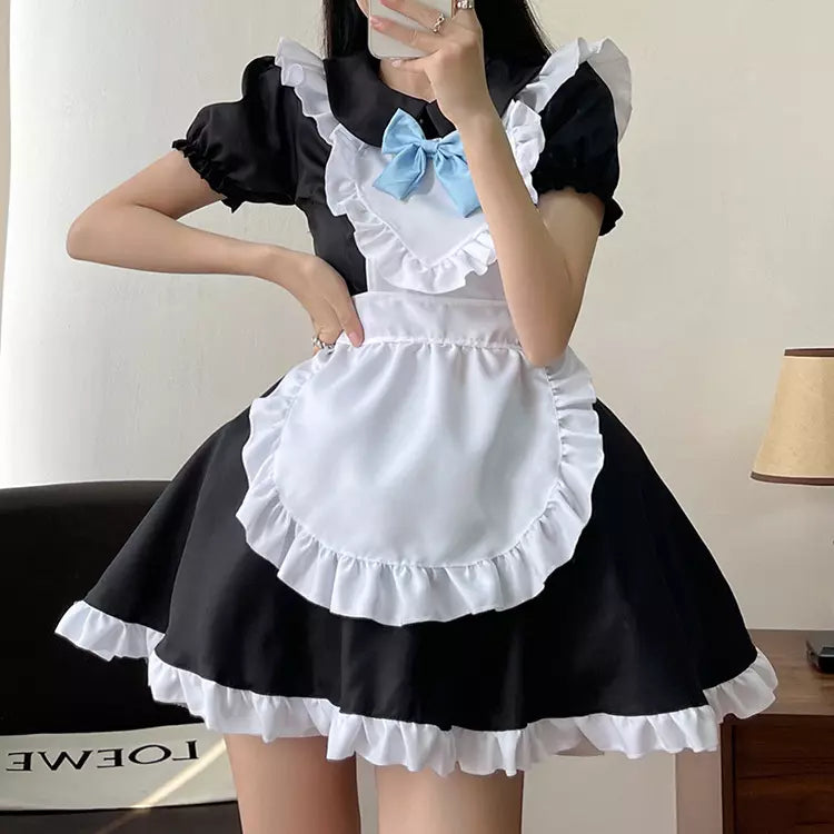 大きいサイズレディースブルーリボンミニ丈メイド服ワンピ―ス (2L/3L/4L/5L/6L)/コスプレ/ハロウィン