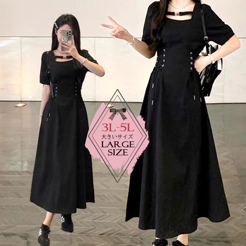大きいサイズレディースゴシック編み上げバックルロング丈ワンピース(3L/4L/5L)/Taberunosky(タベルノスキー)