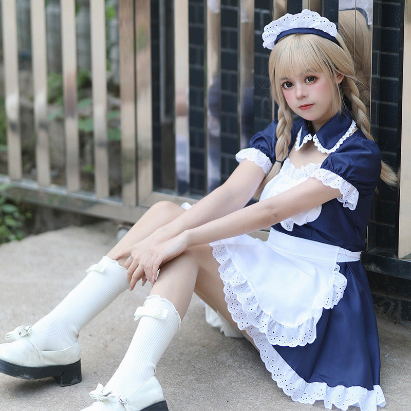 大きいサイズレディースネイビーミニ丈ワンピースメイド服 (M/L/2L/3L/4L/5L/6L)/コスプレ/ハロウィン
