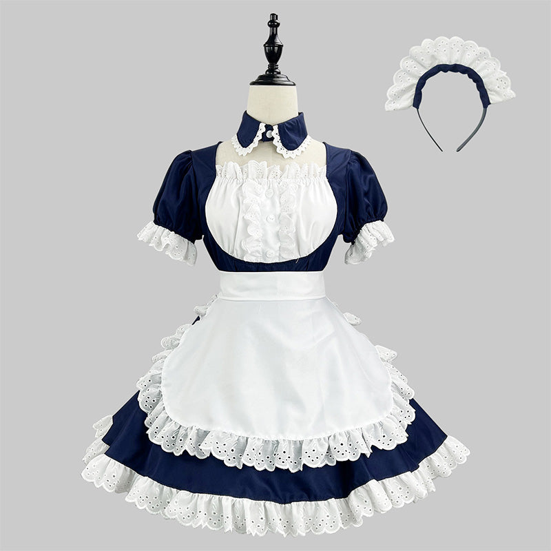 大きいサイズレディースネイビーミニ丈ワンピースメイド服 (M/L/2L/3L/4L/5L/6L)/コスプレ/ハロウィン
