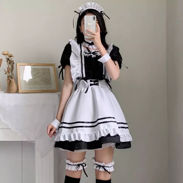 大きいサイズレディースリボンフリルメイド服ワンピ―ス (2L/3L/4L/5L/6L)/コスプレ/ハロウィン