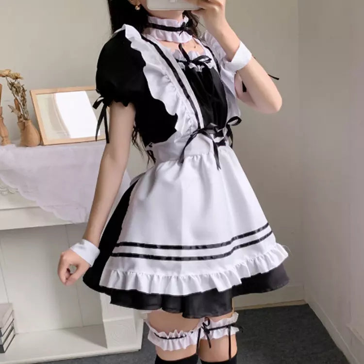 大きいサイズレディースリボンフリルメイド服ワンピ―ス (2L/3L/4L/5L/6L)/コスプレ/ハロウィン