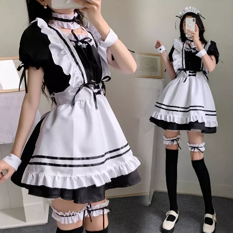 大きいサイズレディースリボンフリルメイド服ワンピ―ス (2L/3L/4L/5L/6L)/コスプレ/ハロウィン