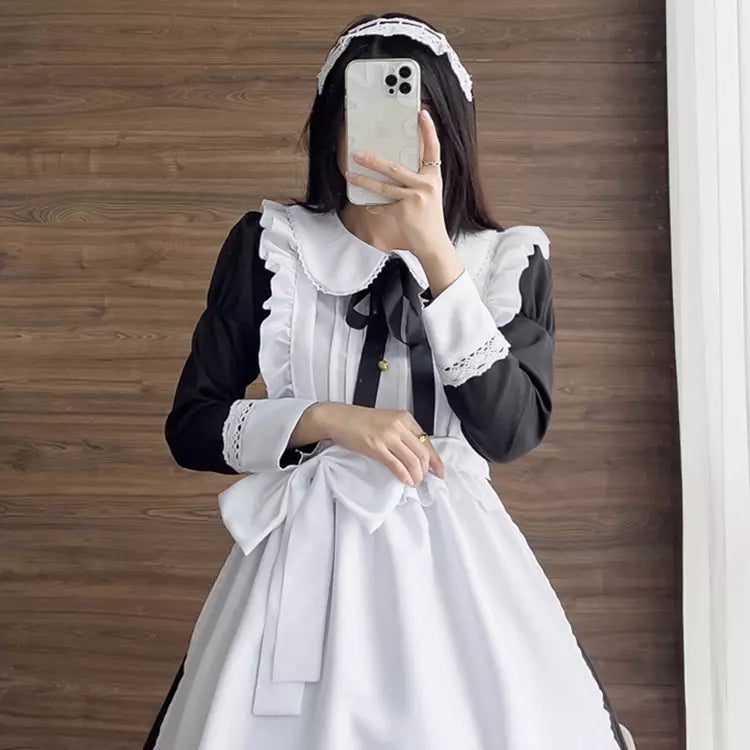 大きいサイズレディースウエストリボン長袖メイド服ワンピ―ス (2L/3L/4L/5L/6L)/コスプレ/ハロウィン