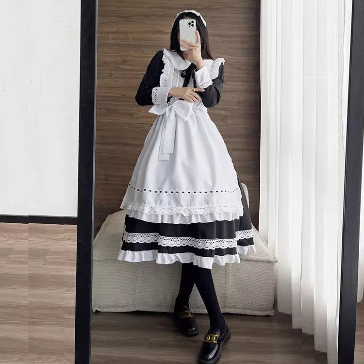 大きいサイズレディースウエストリボン長袖メイド服ワンピ―ス (2L/3L/4L/5L/6L)/コスプレ/ハロウィン
