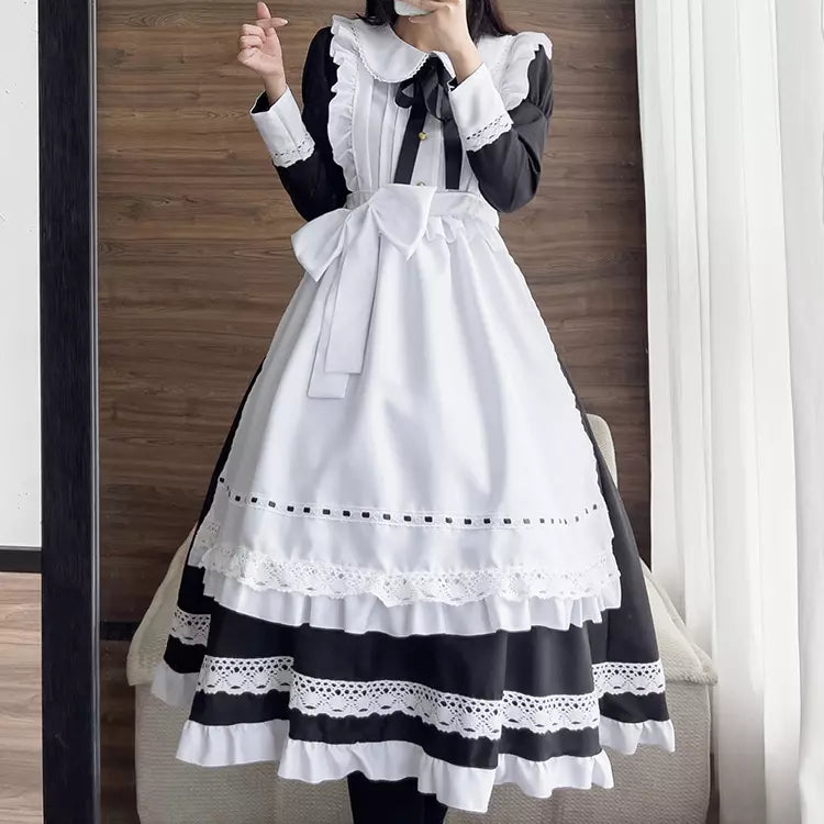 大きいサイズレディースウエストリボン長袖メイド服ワンピ―ス (2L/3L/4L/5L/6L)/コスプレ/ハロウィン