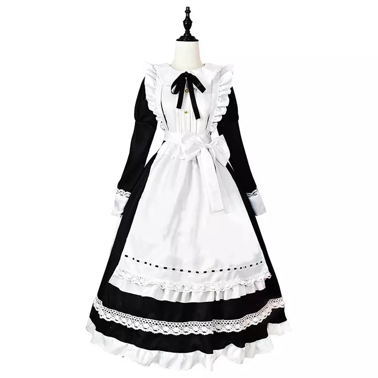 大きいサイズレディースウエストリボン長袖メイド服ワンピ―ス (2L/3L/4L/5L/6L)/コスプレ/ハロウィン
