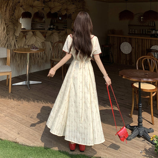 イエローベージュ花柄レディロングドレスワンピース(L/LL/3L/4L/5L)