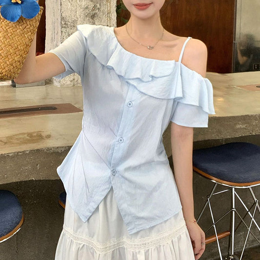 サマーフリルラインアシメカットソートップス(L/LL/3L/4L/5L)