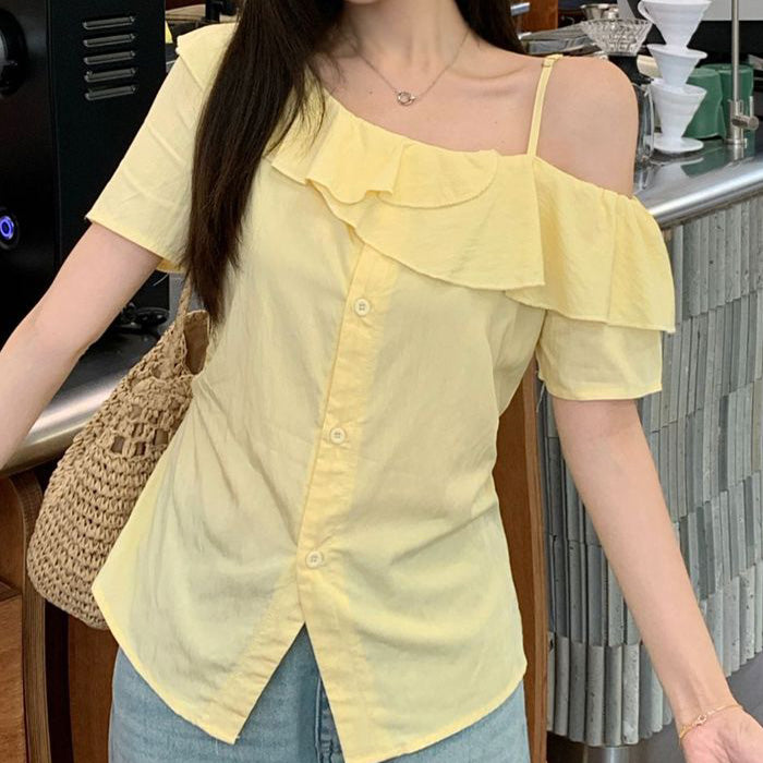 大きいサイズ レディース サマーフリルラインアシメカットソートップス(L/LL/3L/4L/5L)