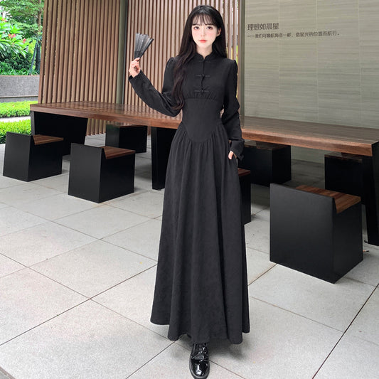 ウエストシェイプ・チャイナ黒ロングワンピース(L/LL/3L/4L/5L)