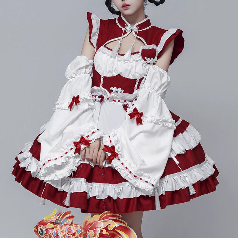 Black Lolita Chinese Maid Costume Set (M/L/LL/3L/4L/5L/6L)/Cosplay