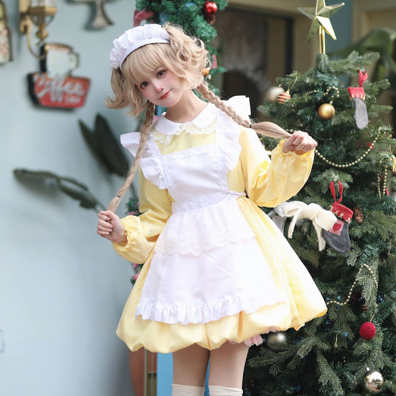 大きいサイズレディース裾バルーン長袖メイド服 (M/L/2L/3L/4L/5L/6L)/コスプレ/ハロウィン