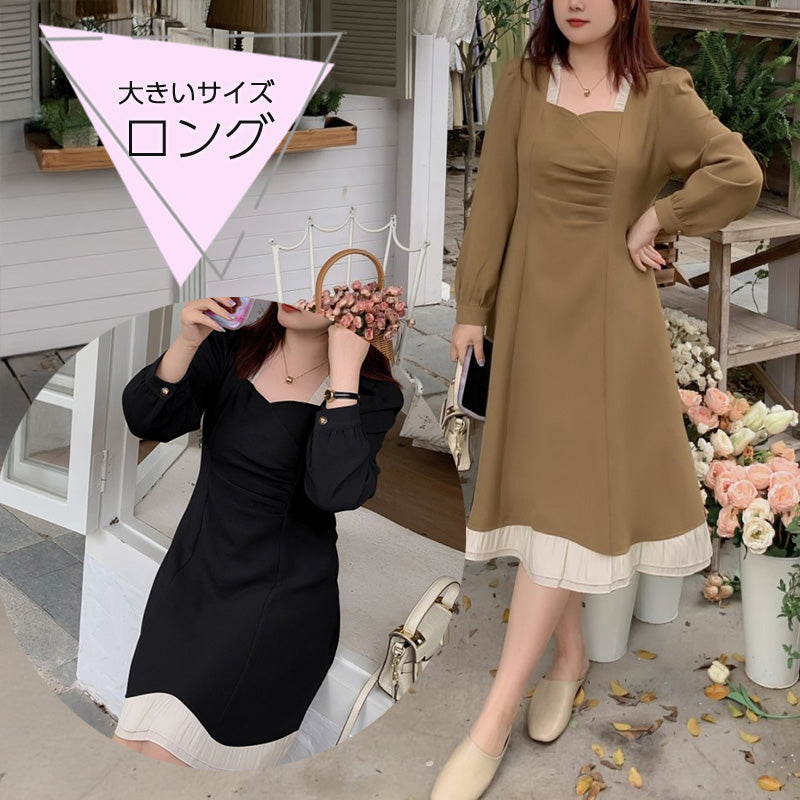 ハートラインネックの長袖フリルロングワンピース(LL/3L/4L/5L/6L)