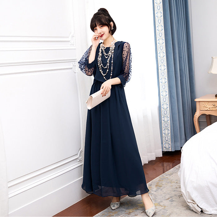 シフォン袖のブルーマリン・エレガンスドレスワンピース(3L/4L/5L/6L)オケージョン/結婚式