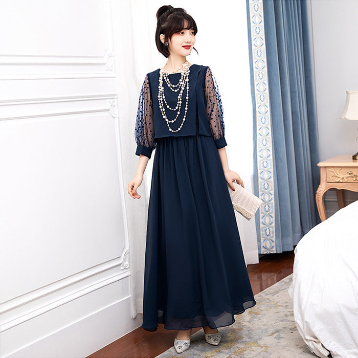 シフォン袖のブルーマリン・エレガンスドレスワンピース(3L/4L/5L/6L)オケージョン/結婚式